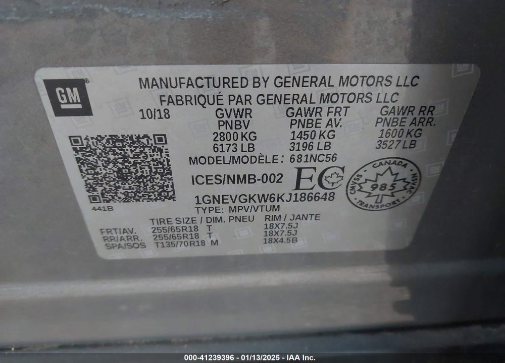 2019 CHEVROLET TRAVERSE 1LT VIN: 1GNEVGKW6KJ186648