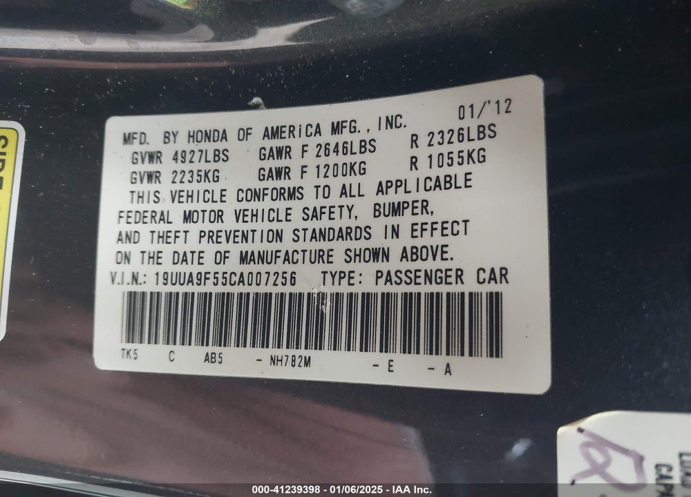 2012 ACURA TL 3.7 VIN: 19UUA9F55CA007256