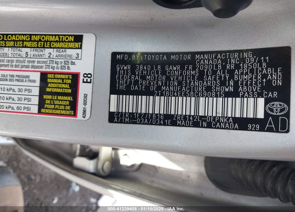 2011 TOYOTA COROLLA VIN: 2T1BU4EE5BC690815