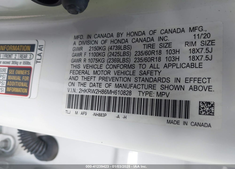 2021 HONDA CR-V AWD EX-L VIN: 2HKRW2H86MH610828