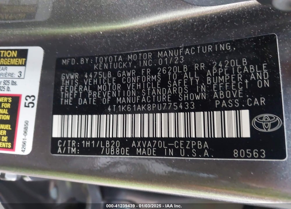 2023 TOYOTA CAMRY VIN: 4T1K61AK8PU775433