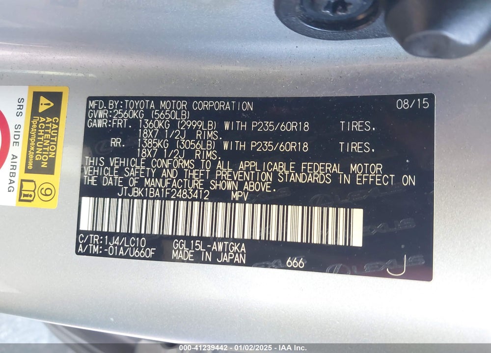 2015 LEXUS RX 350 VIN: JTJBK1BA1F2483412