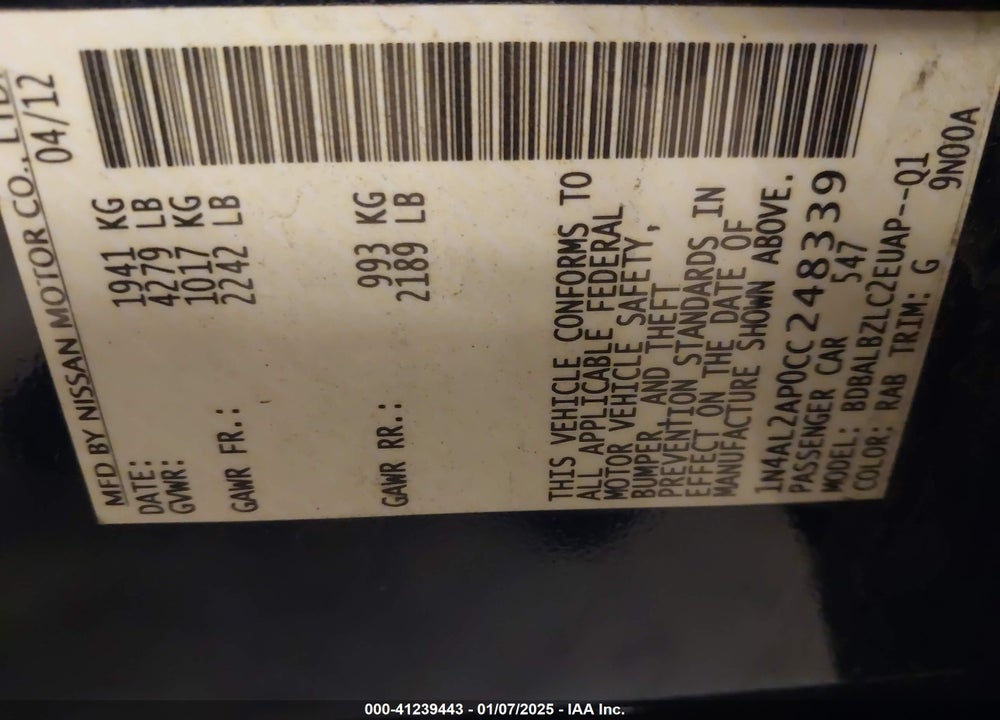 2012 NISSAN ALTIMA 2.5 S VIN: 1N4AL2AP0CC248339