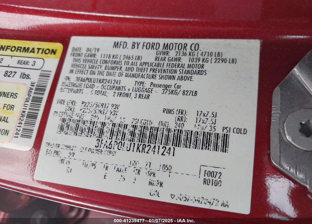 2019 FORD FUSION HYBRID SE VIN: 3FA6P0LU1KR241241