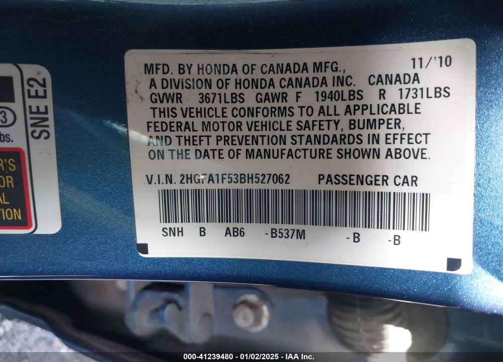 2011 HONDA CIVIC LX VIN: 2HGFA1F53BH527062