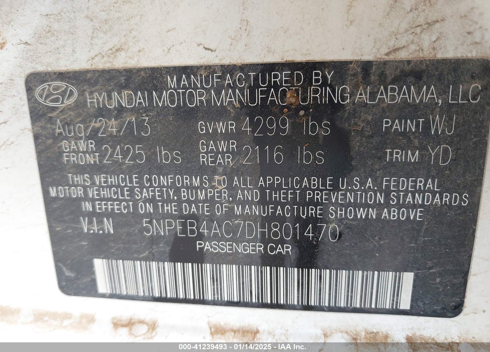 2013 HYUNDAI SONATA GLS VIN: 5NPEB4AC7DH801470