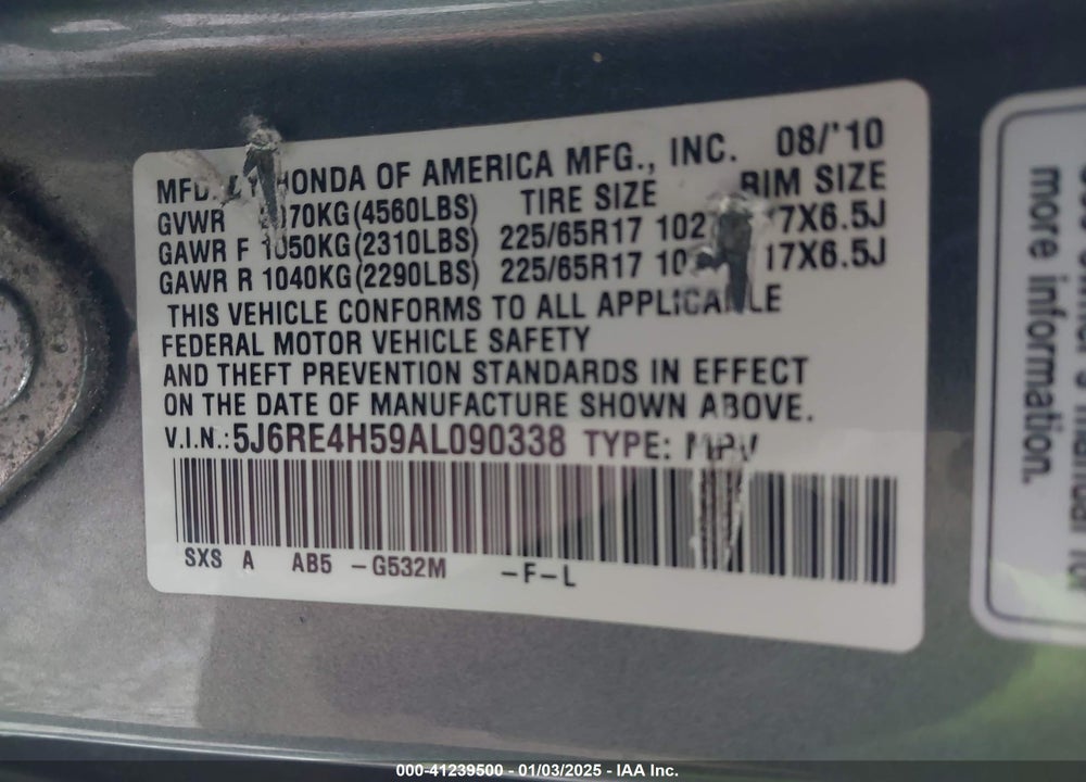 2010 HONDA CR-V EX VIN: 5J6RE4H59AL090338