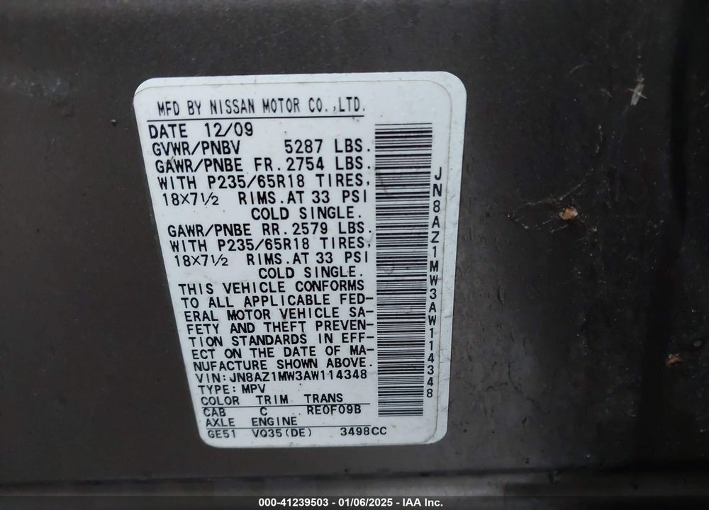 2010 NISSAN MURANO SL VIN: JN8AZ1MW3AW114348