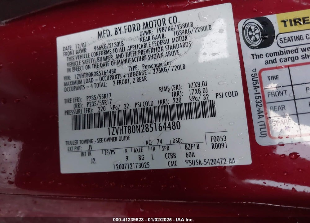 2008 FORD MUSTANG VIN: 1ZVHT80N285164480