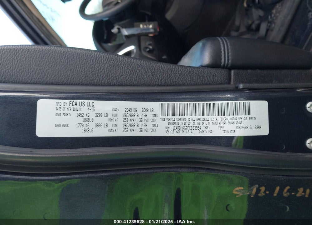 2015 DODGE DURANGO SXT VIN: 1C4RDHAG7FC833954