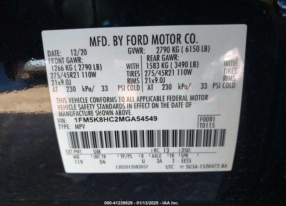 2021 FORD EXPLORER PLATINUM VIN: 1FM5K8HC2MGA54549