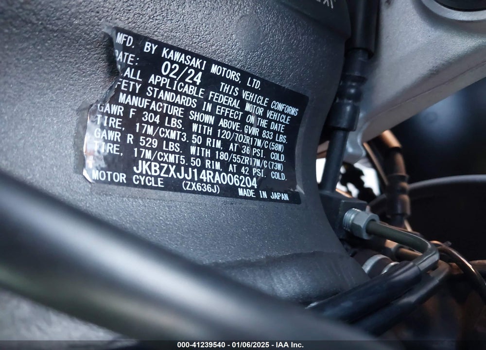2024 KAWASAKI ZX636 K VIN: JKBZXJJ14RA006204