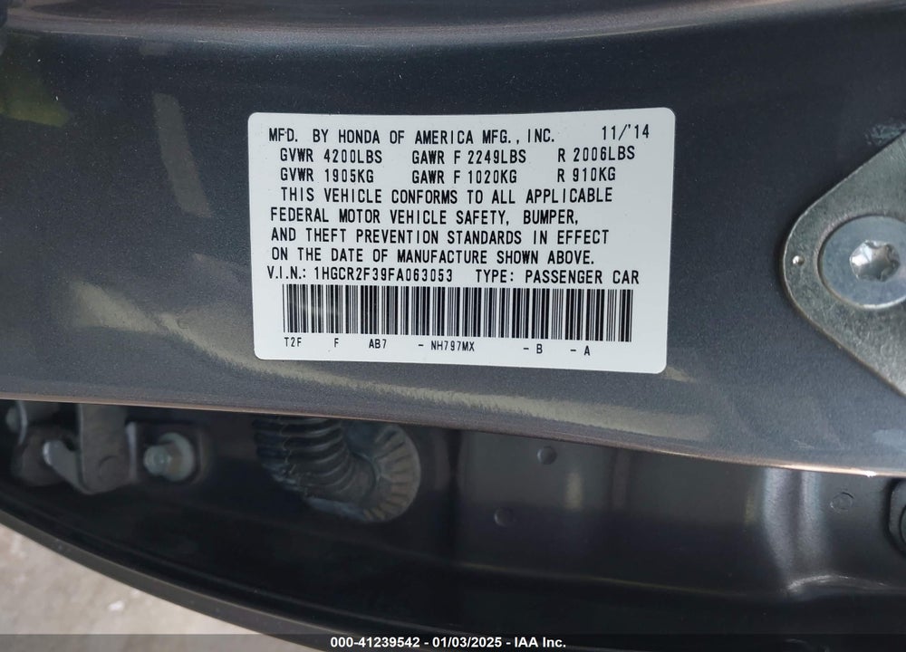2015 HONDA ACCORD VIN: 1HGCR2F39FA063053