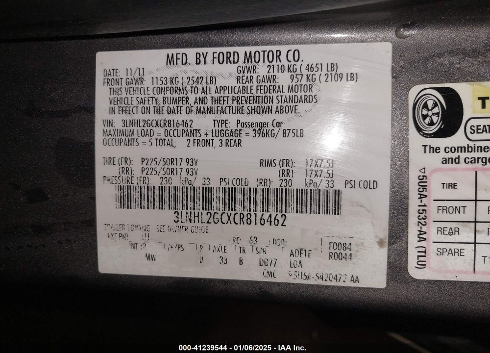2012 LINCOLN MKZ VIN: 3LNHL2GCXCR816462