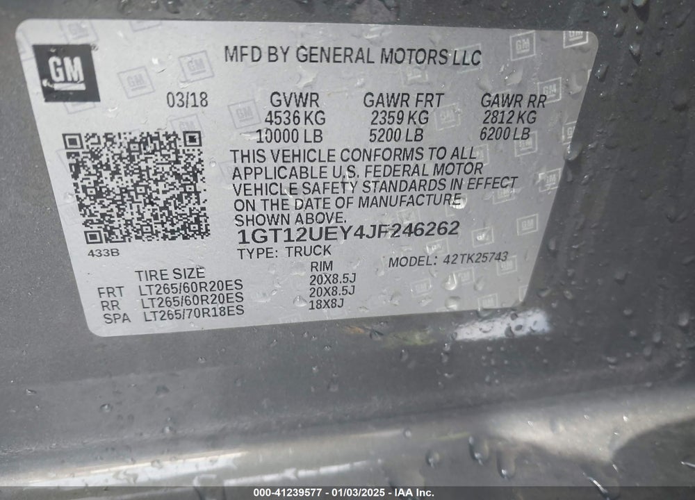 2018 GMC SIERRA 2500HD VIN: 1GT12UEY4JF246262