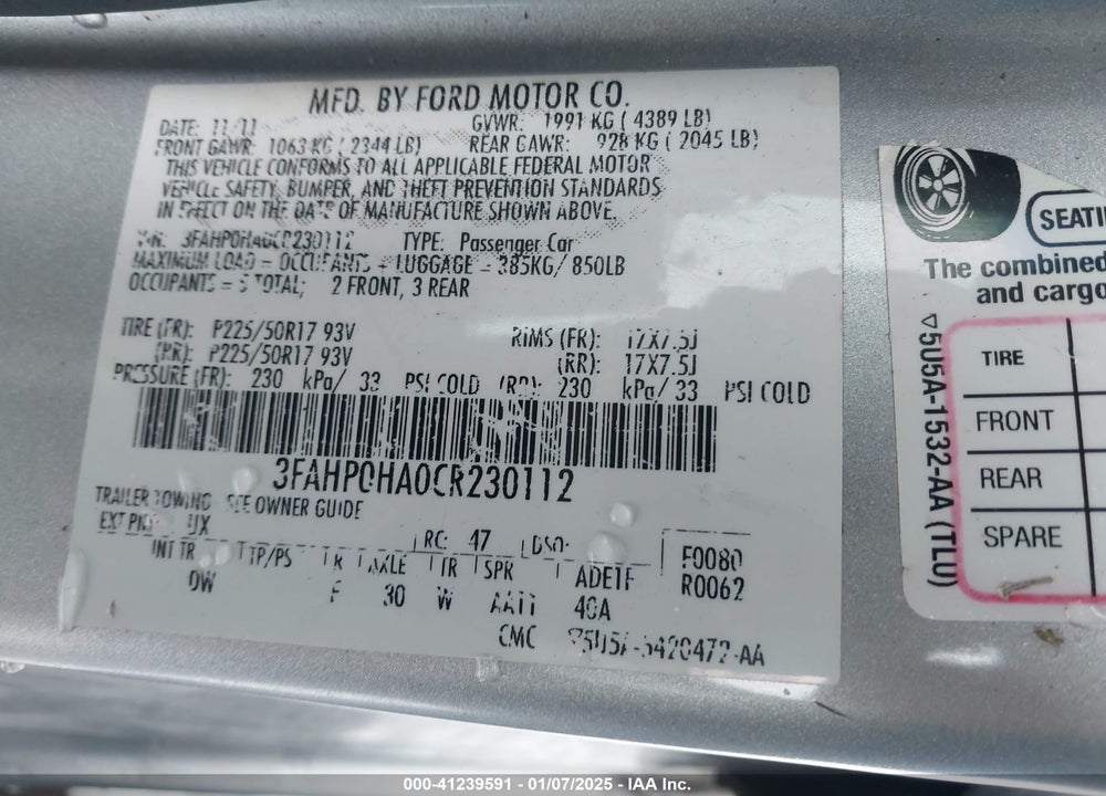 2012 FORD FUSION SE VIN: 3FAHP0HA0CR230112