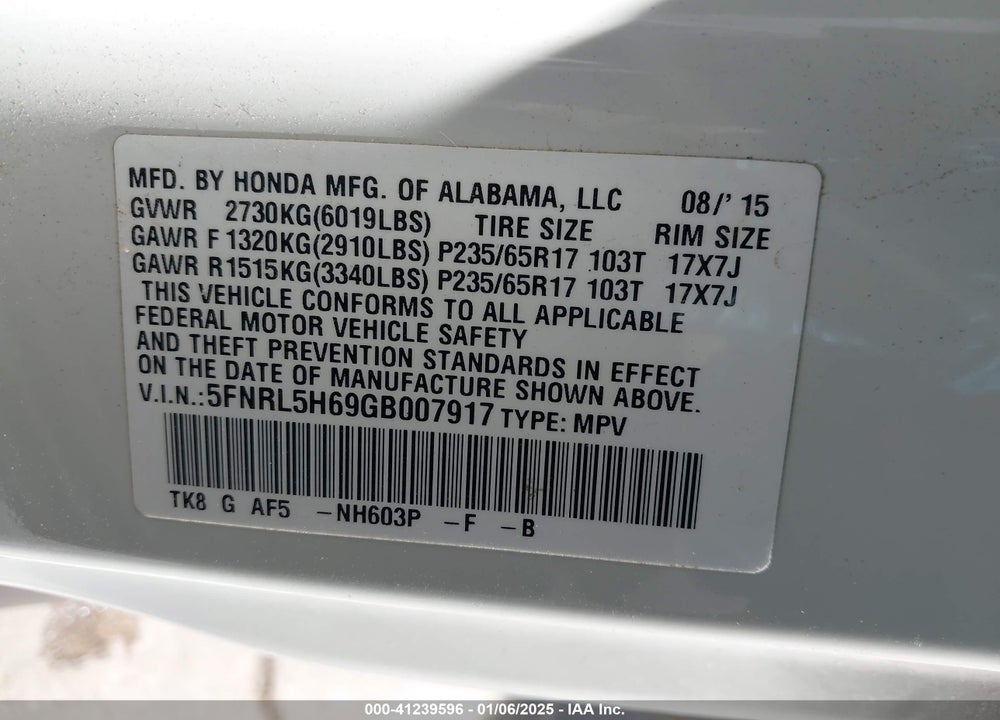 2016 HONDA ODYSSEY EX-L VIN: 5FNRL5H69GB007917