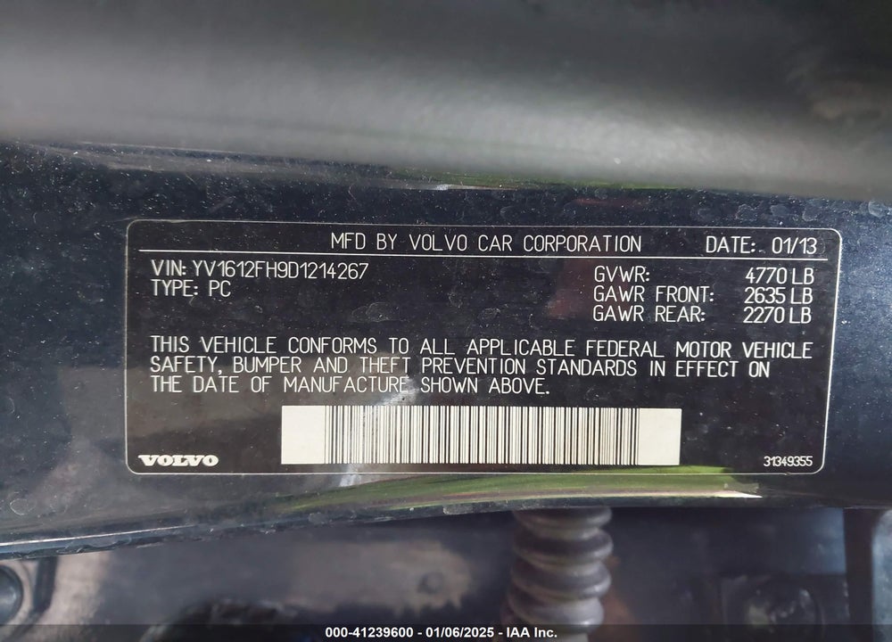 2013 VOLVO S60 T5 VIN: YV1612FH9D1214267