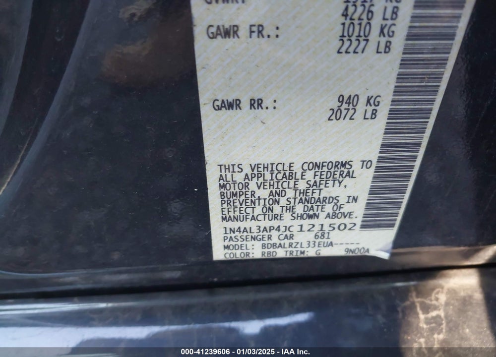 2018 NISSAN ALTIMA VIN: 1N4AL3AP4JC121502