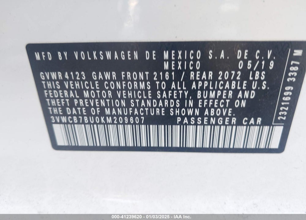 2019 VOLKSWAGEN JETTA 1.4T R-LINE/1.4T S/1.4T SE VIN: 3VWCB7BU0KM209607