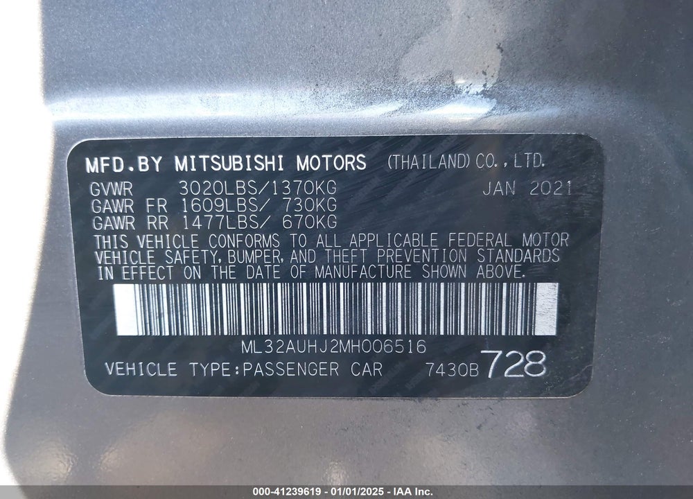 2021 MITSUBISHI MIRAGE CARBONITE EDITION/ES/LE VIN: ML32AUHJ2MH006516