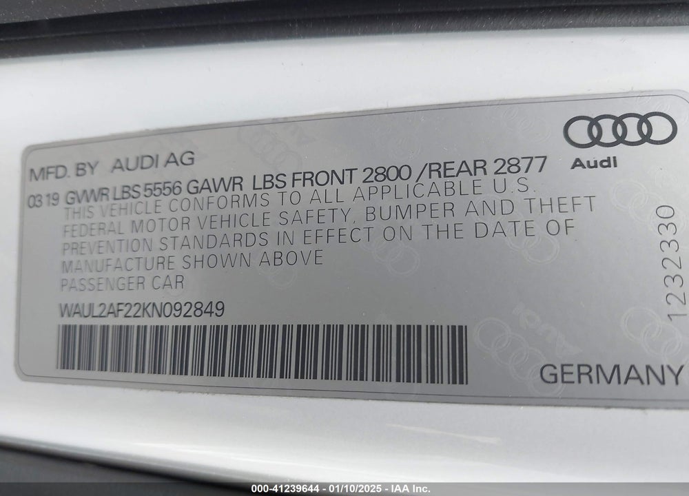 2019 AUDI A6 55 PREMIUM VIN: WAUL2AF22KN092849