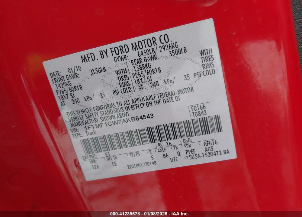 2010 FORD F-150 STX/XL/XLT VIN: 1FTMF1CW7AKB84543