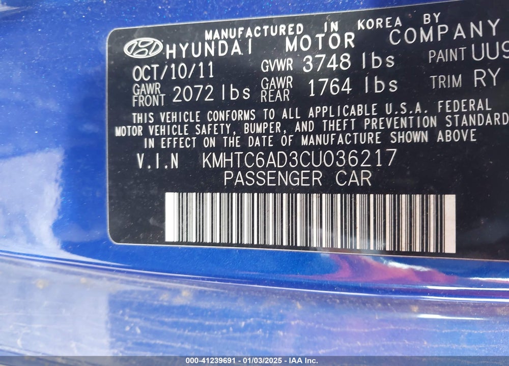2012 HYUNDAI VELOSTER VIN: KMHTC6AD3CU036217