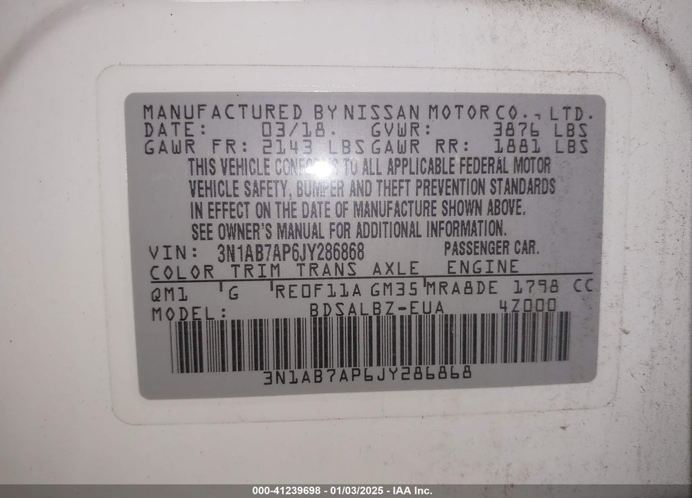 2018 NISSAN SENTRA VIN: 3N1AB7AP6JY286868