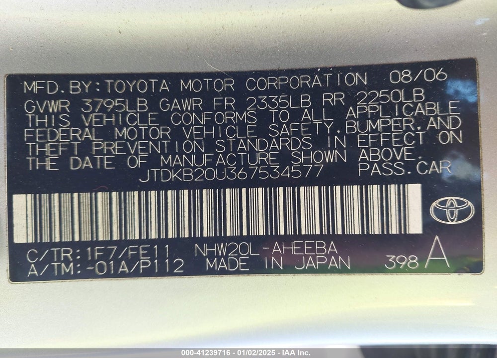 2006 TOYOTA PRIUS VIN: JTDKB20U367534577