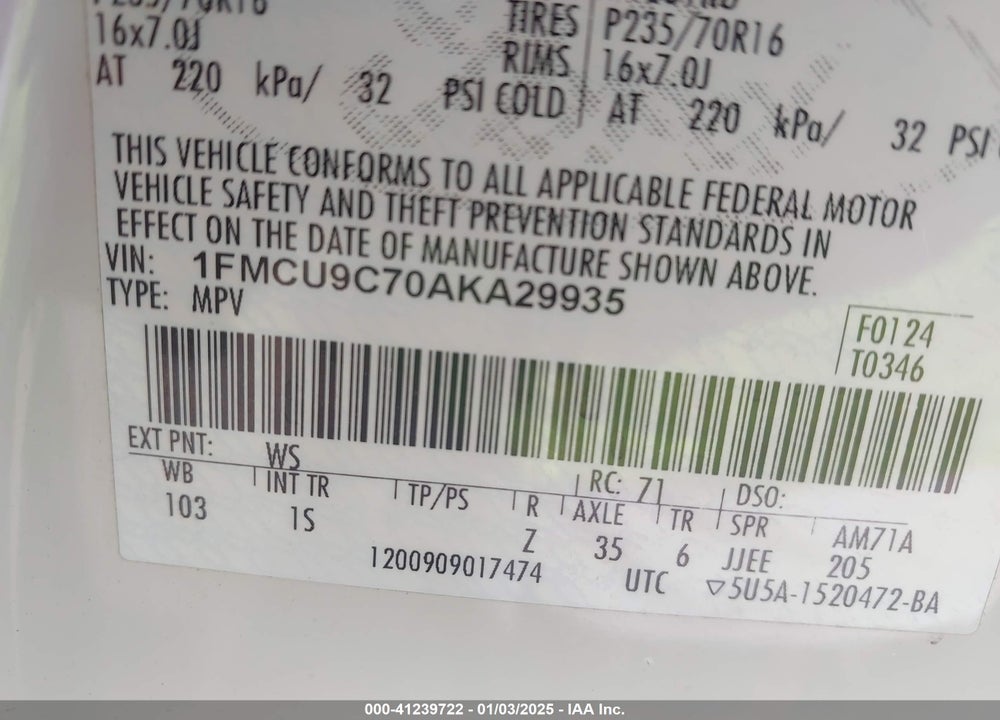 2010 FORD ESCAPE XLS VIN: 1FMCU9C70AKA29935