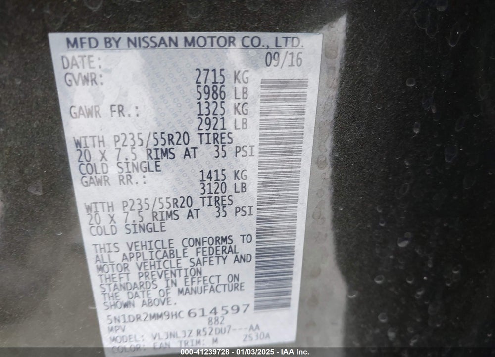 2017 NISSAN PATHFINDER PLATINUM/S/SL/SV VIN: 5N1DR2MM9HC614597