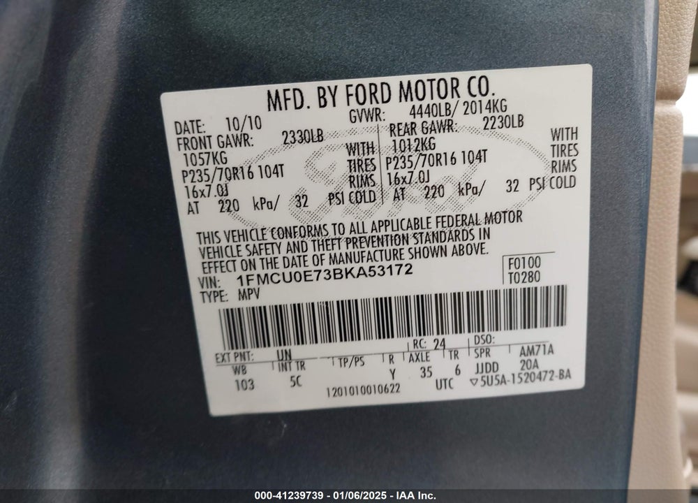 2011 FORD ESCAPE LIMITED VIN: 1FMCU0E73BKA53172