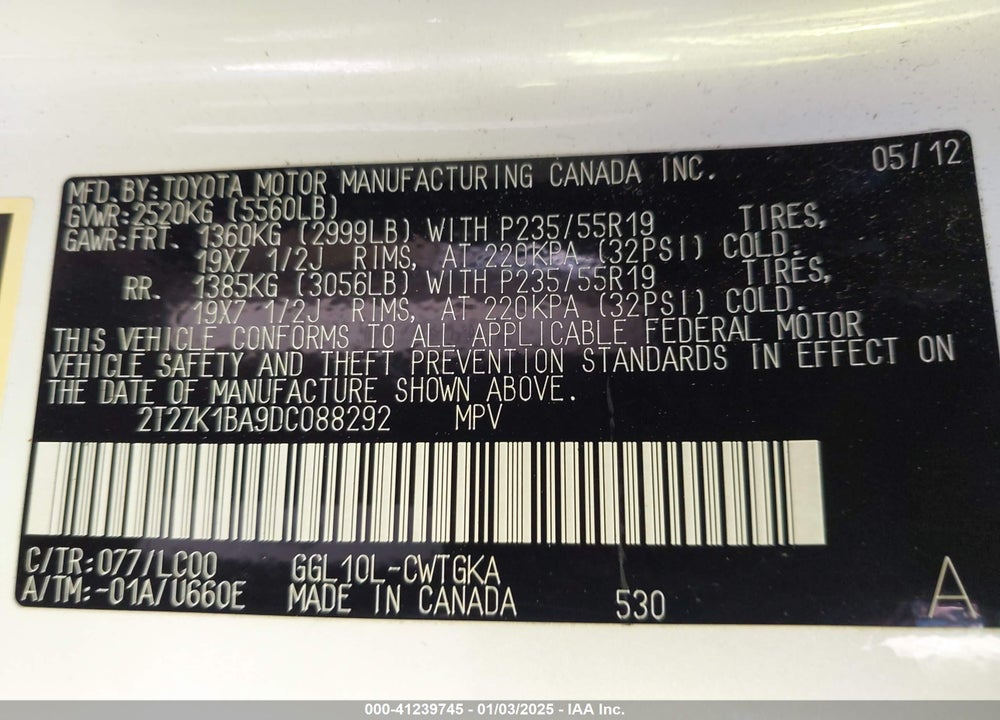 2013 LEXUS RX 350 VIN: 2T2ZK1BA9DC088292