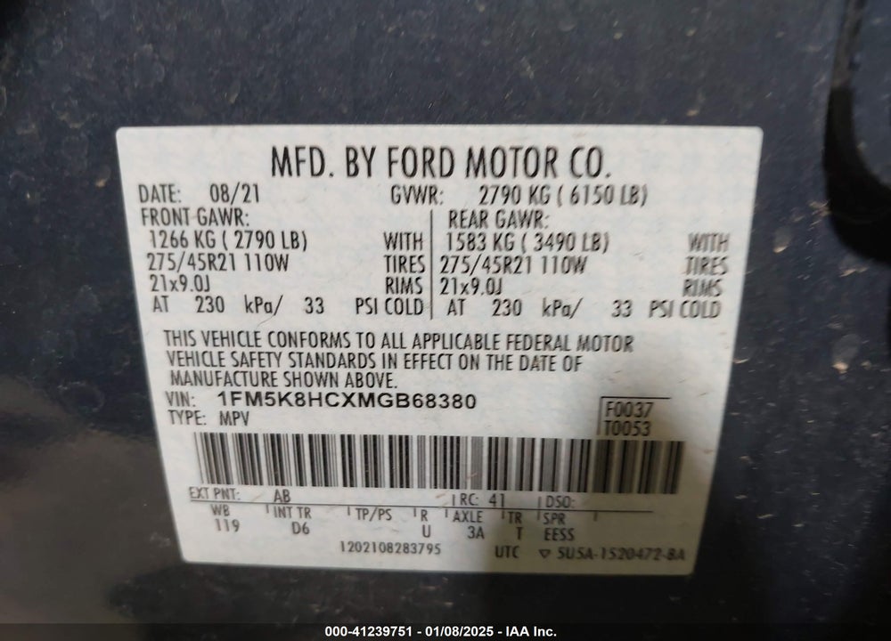 2021 FORD EXPLORER PLATINUM VIN: 1FM5K8HCXMGB68380