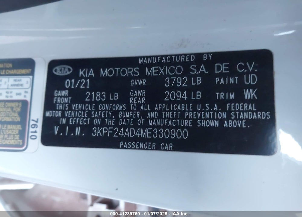 2021 KIA FORTE VIN: 3KPF24AD4ME330900
