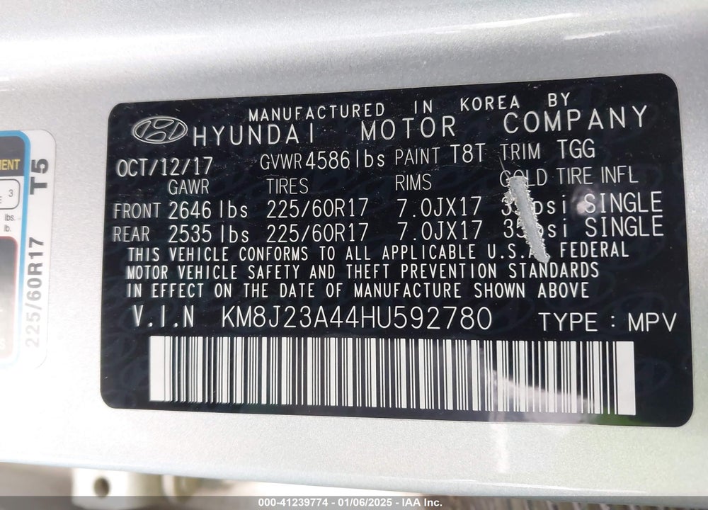 2017 HYUNDAI TUCSON SE VIN: KM8J23A44HU592780