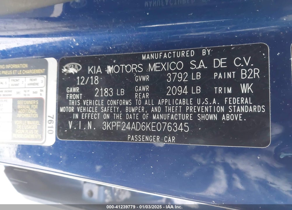 2019 KIA FORTE LXS VIN: 3KPF24AD6KE076345
