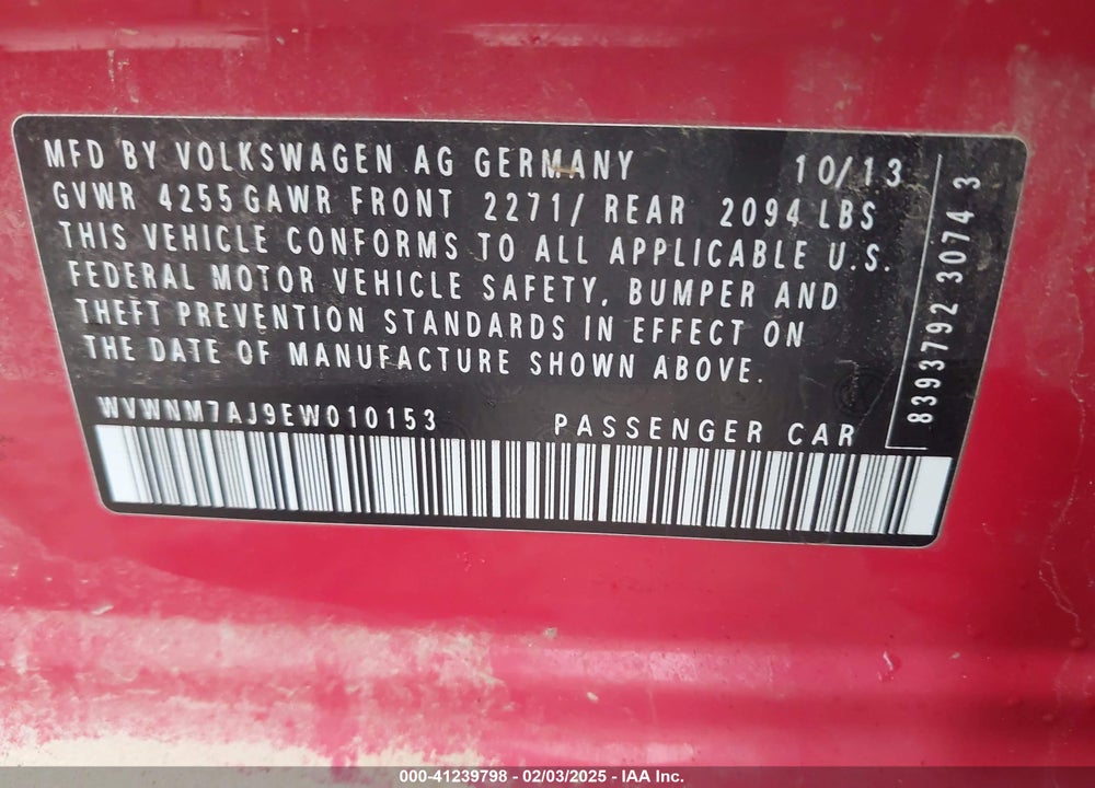 2014 VOLKSWAGEN GOLF VIN: WVWNM7AJ9EW010153