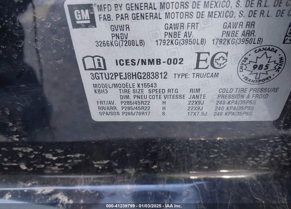 2017 GMC SIERRA 1500 DENALI VIN: 3GTU2PEJ8HG283812