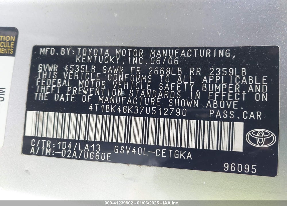 2007 TOYOTA CAMRY XLE V6 VIN: 4T1BK46K37U512790