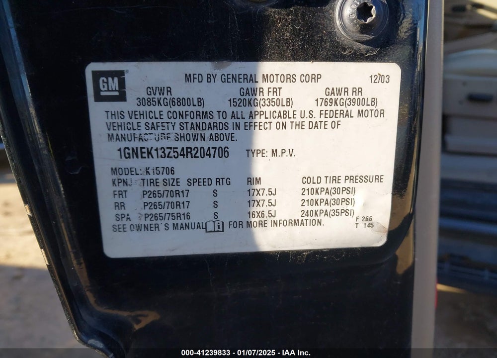 2004 CHEVROLET TAHOE Z71 VIN: 1GNEK13Z54R204706