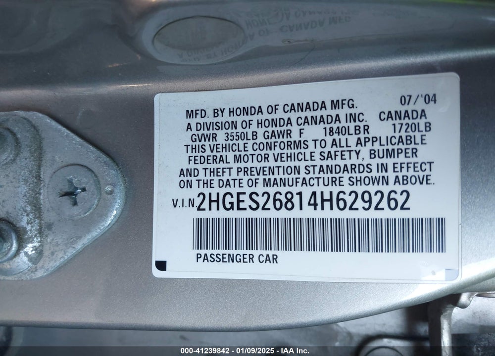 2004 HONDA CIVIC EX VIN: 2HGES26814H629262