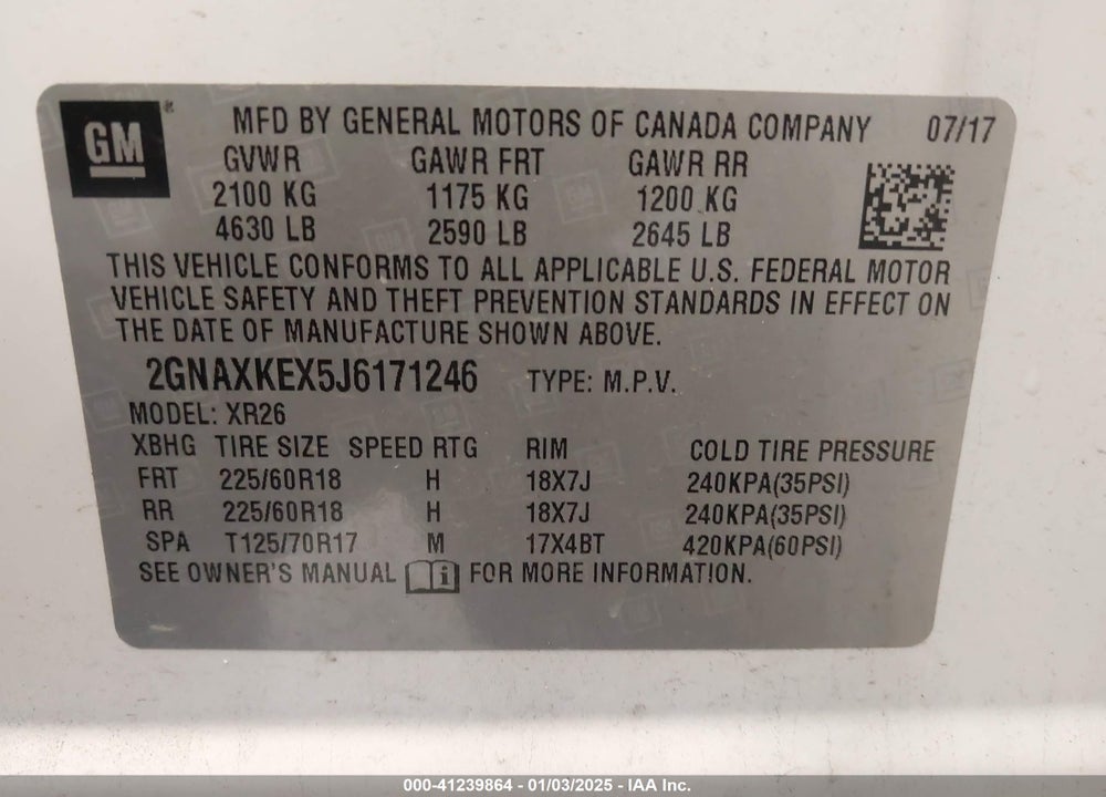 2018 CHEVROLET EQUINOX LT VIN: 2GNAXKEX5J6171246