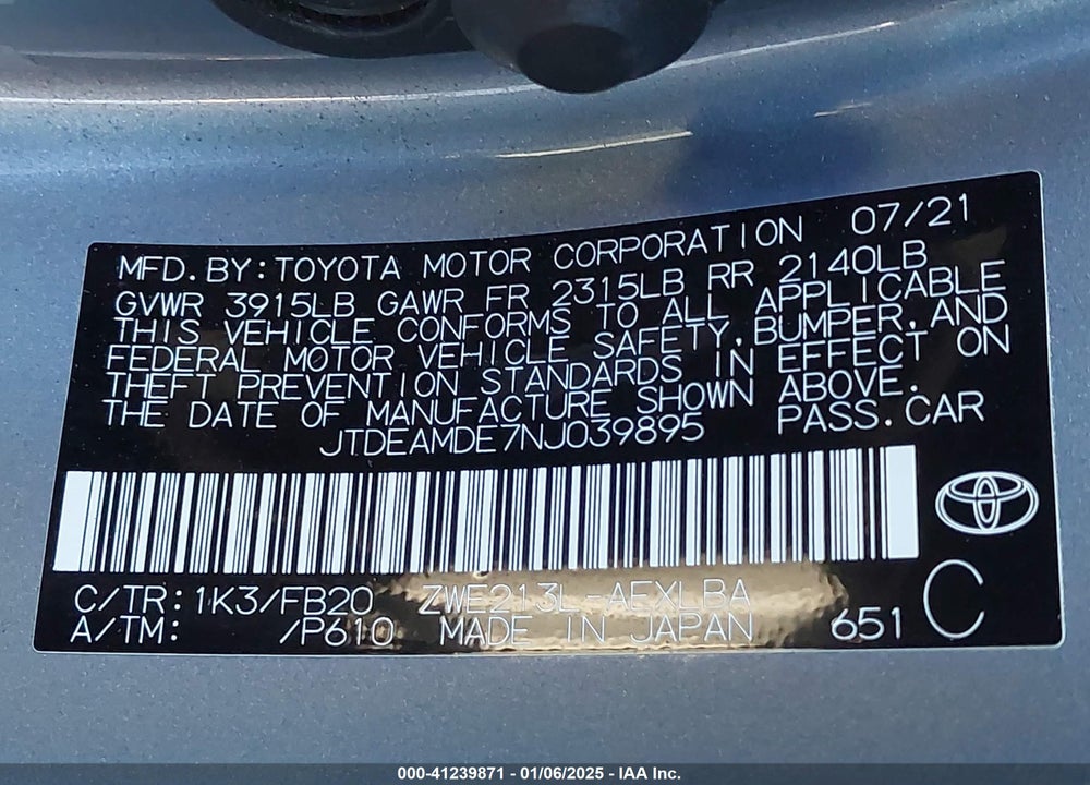 2022 TOYOTA COROLLA VIN: JTDEAMDE7NJ039895