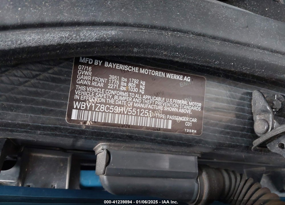 2017 BMW I3 VIN: WBY1Z8C59HV551251