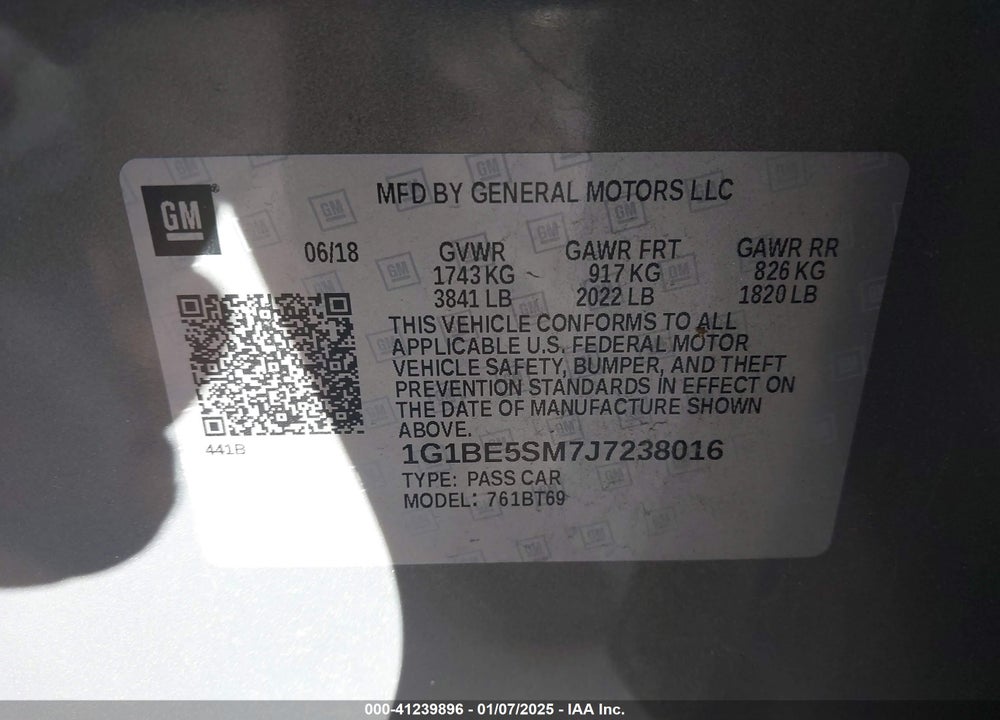 2018 CHEVROLET CRUZE LT AUTO VIN: 1G1BE5SM7J7238016