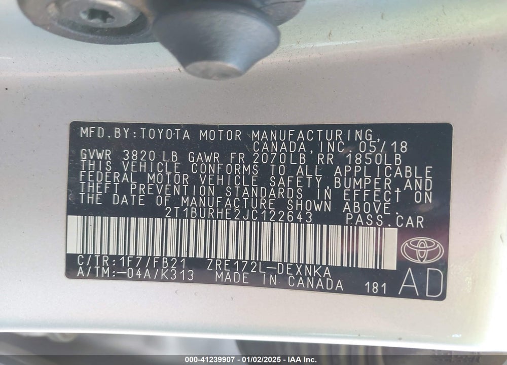 2018 TOYOTA COROLLA VIN: 2T1BURHE2JC122643