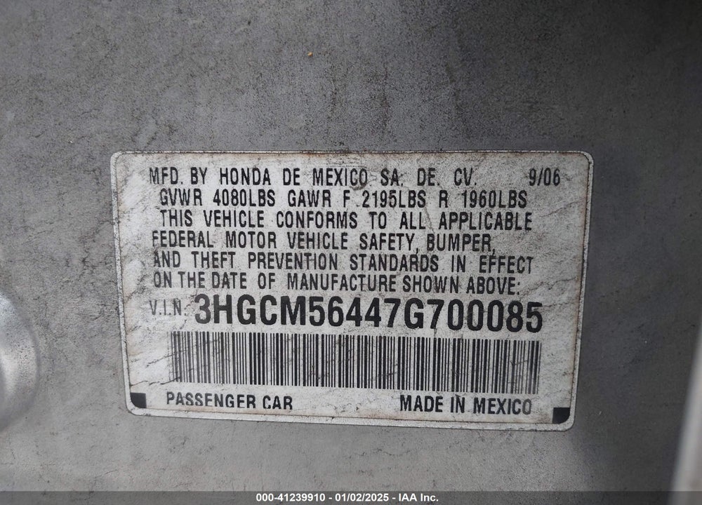 2007 HONDA ACCORD 2.4 LX VIN: 3HGCM56447G700085