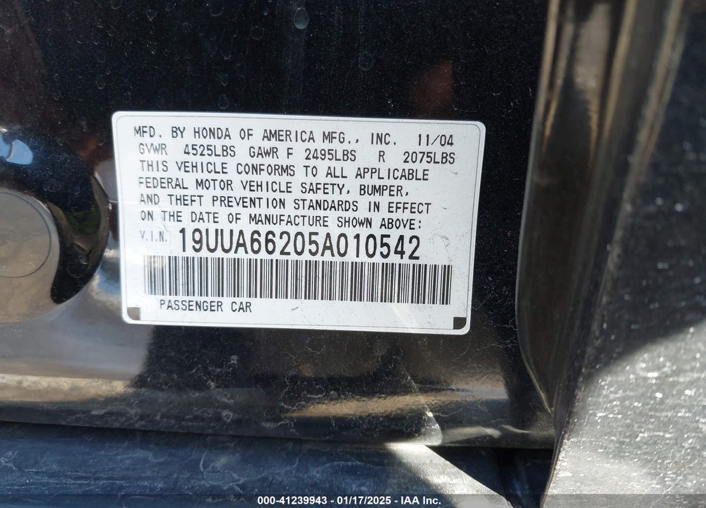 2005 ACURA TL VIN: 19UUA66205A010542
